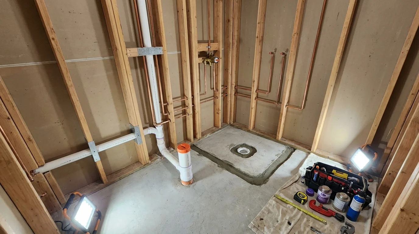 Bathroom rough-in plumbing during remodel by Johns Plumbing LLC in Snohomish
