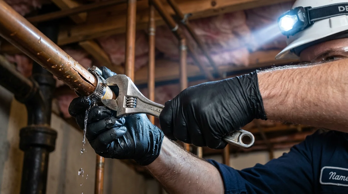 Emergency pipe clamp repair being performed by a Johns Plumbing LLC plumber in Snohomish