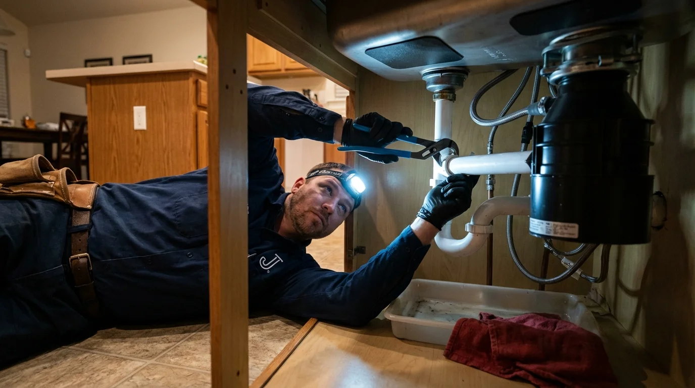 P-trap and supply line connections under a kitchen sink showing a common leak point in Snohomish, WA